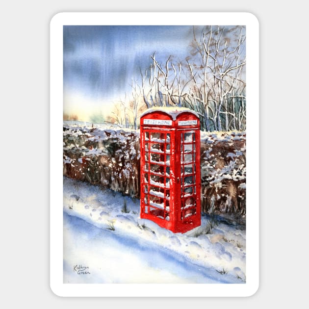 Red telephone box in the snow Sticker by thryngreen